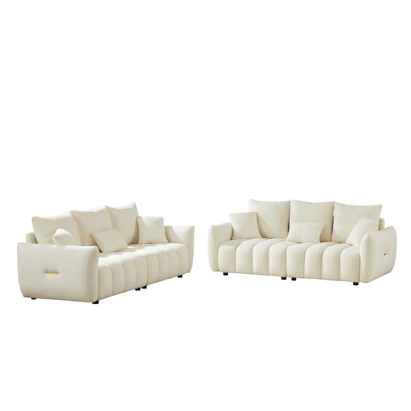 Divano Sezionale in Tessuto Teddy, 2 Pezzi 6 Posti (3+3), Beige / Nero / Verde, Fino a 6 Persone