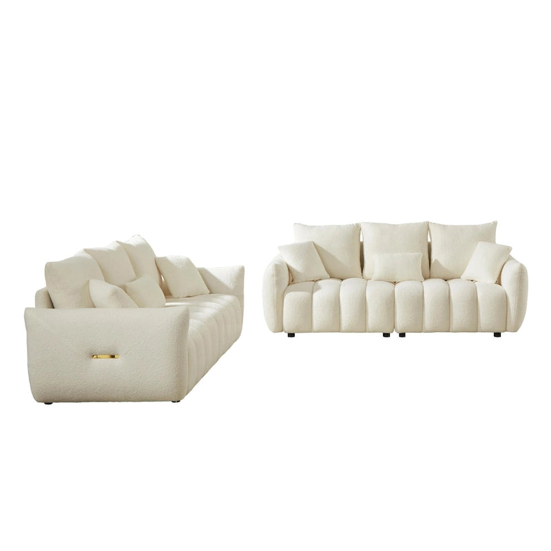 Divano Sezionale in Tessuto Teddy, 2 Pezzi 6 Posti (3+3), Beige / Nero / Verde, Fino a 6 Persone