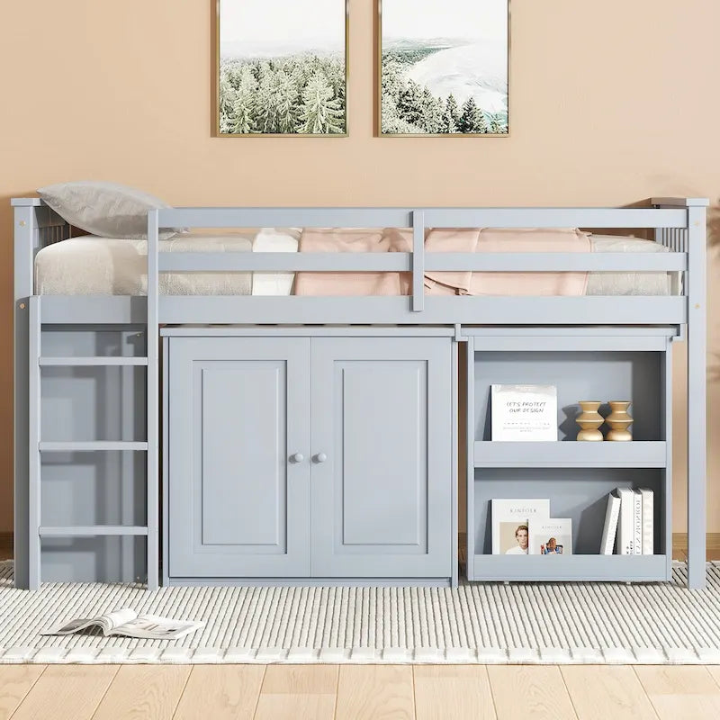 Letto a soppalco singolo grigio/bianco con scrivania, armadietti e cassetti, per 1 bambino