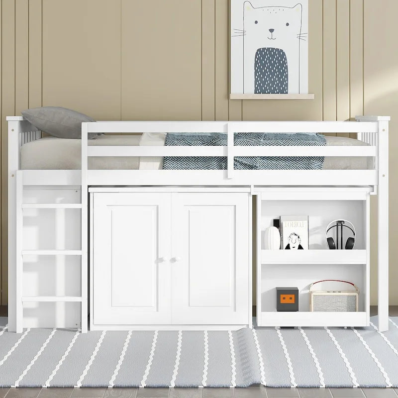 Letto a soppalco singolo grigio/bianco con scrivania, armadietti e cassetti, per 1 bambino