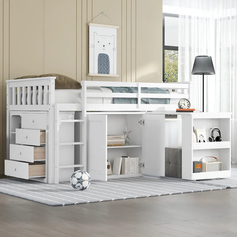 Twin Loft Bed with Pull-Out Desk, 2 Cabinets, 4 Drawers & Shelves