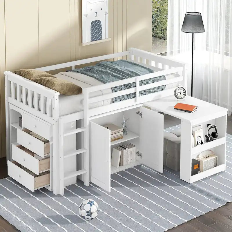 Letto a soppalco singolo grigio/bianco con scrivania, armadietti e cassetti, per 1 bambino