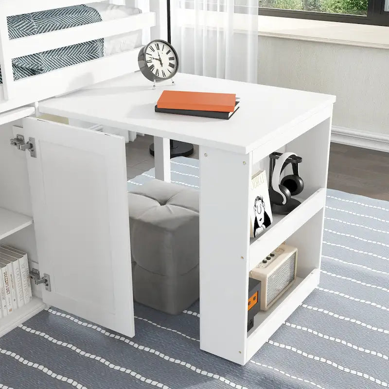 Letto a soppalco singolo grigio/bianco con scrivania, armadietti e cassetti, per 1 bambino