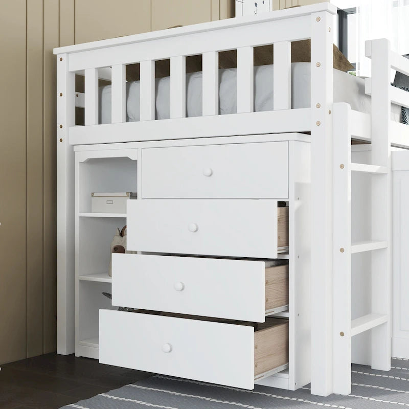 Letto a soppalco singolo grigio/bianco con scrivania, armadietti e cassetti, per 1 bambino