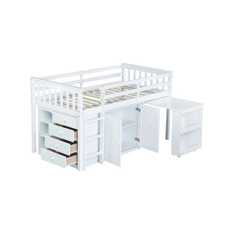 Letto a soppalco singolo grigio/bianco con scrivania, armadietti e cassetti, per 1 bambino
