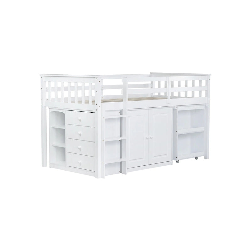 Letto a soppalco singolo grigio/bianco con scrivania, armadietti e cassetti, per 1 bambino