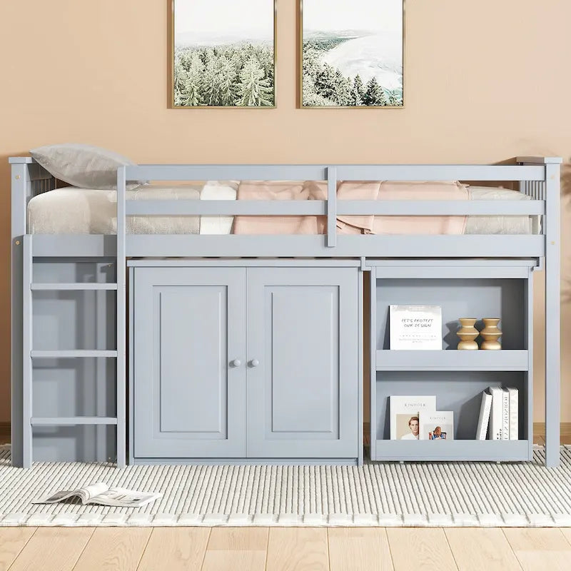 Letto a soppalco singolo grigio/bianco con scrivania, armadietti e cassetti, per 1 bambino