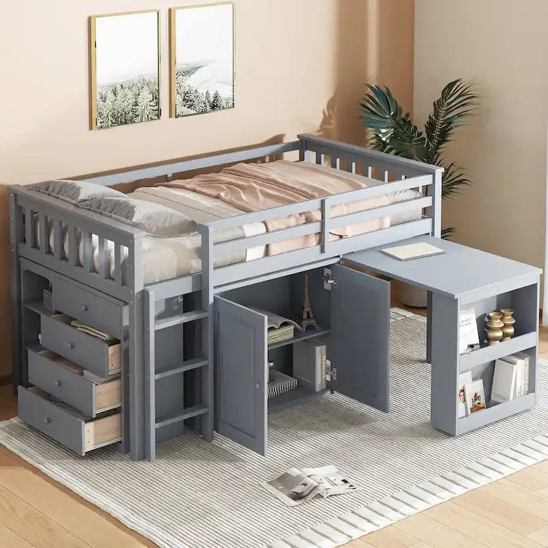 Letto a soppalco singolo grigio/bianco con scrivania, armadietti e cassetti, per 1 bambino