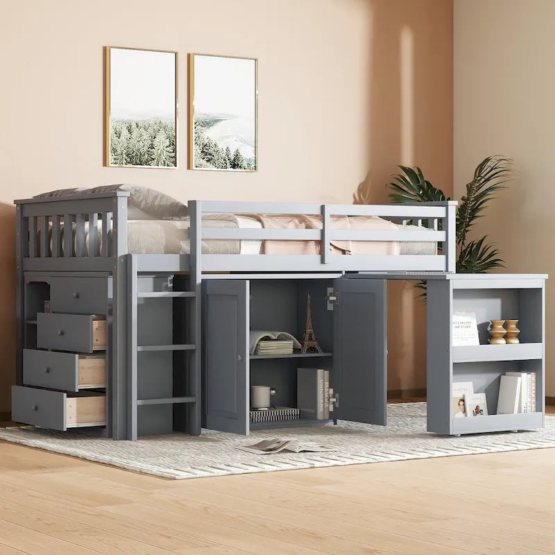 Letto a soppalco singolo grigio/bianco con scrivania, armadietti e cassetti, per 1 bambino