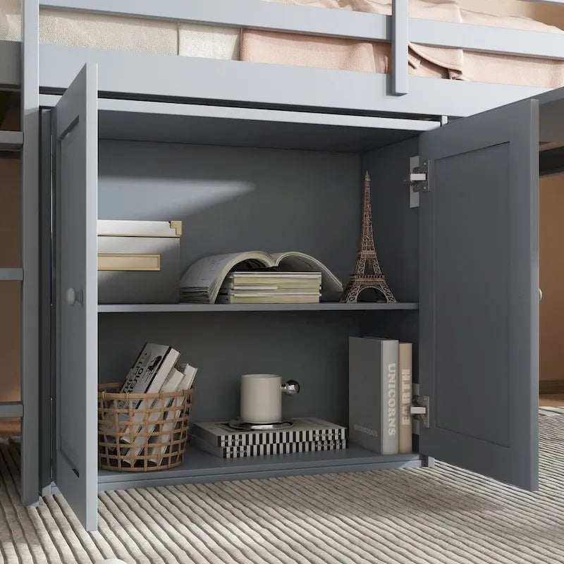 Letto a soppalco singolo grigio/bianco con scrivania, armadietti e cassetti, per 1 bambino