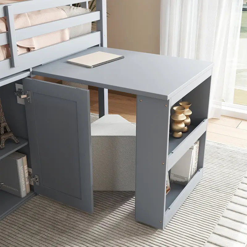 Letto a soppalco singolo grigio/bianco con scrivania, armadietti e cassetti, per 1 bambino