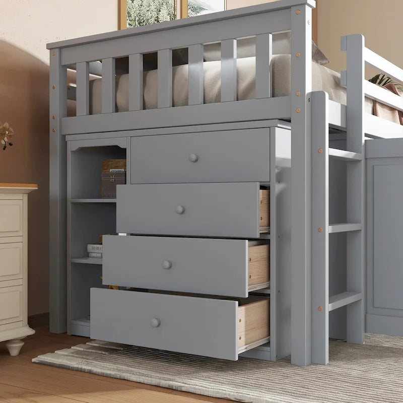 Letto a soppalco singolo grigio/bianco con scrivania, armadietti e cassetti, per 1 bambino