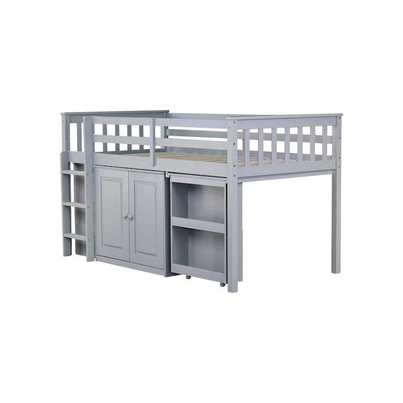 Letto a soppalco singolo grigio/bianco con scrivania, armadietti e cassetti, per 1 bambino