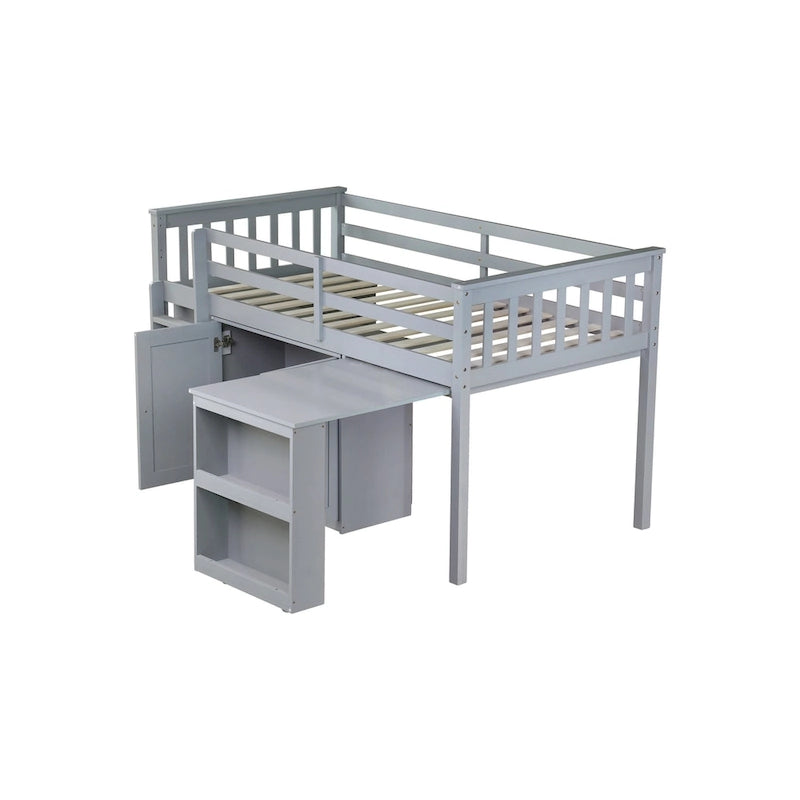 Letto a soppalco singolo grigio/bianco con scrivania, armadietti e cassetti, per 1 bambino