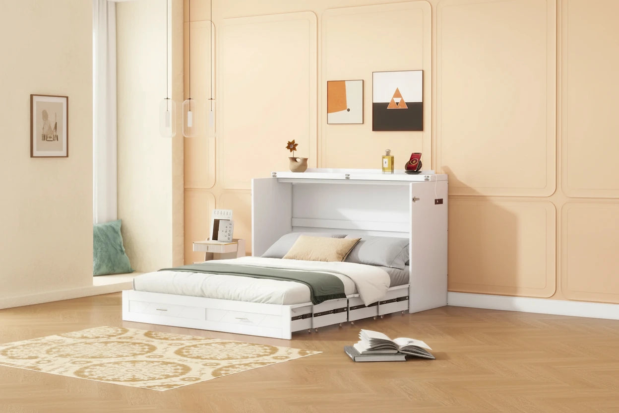 Letto a scomparsa matrimoniale bianco con cassetto, prese e porte USB, per 1 persona