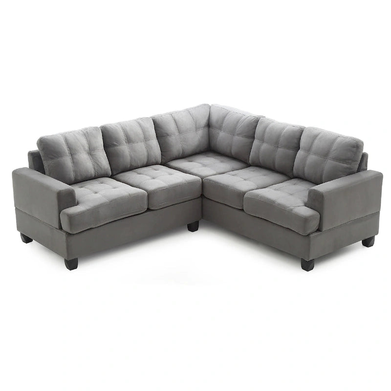 Divano componibile a L a 2 posti in microsuede trapuntato grigio