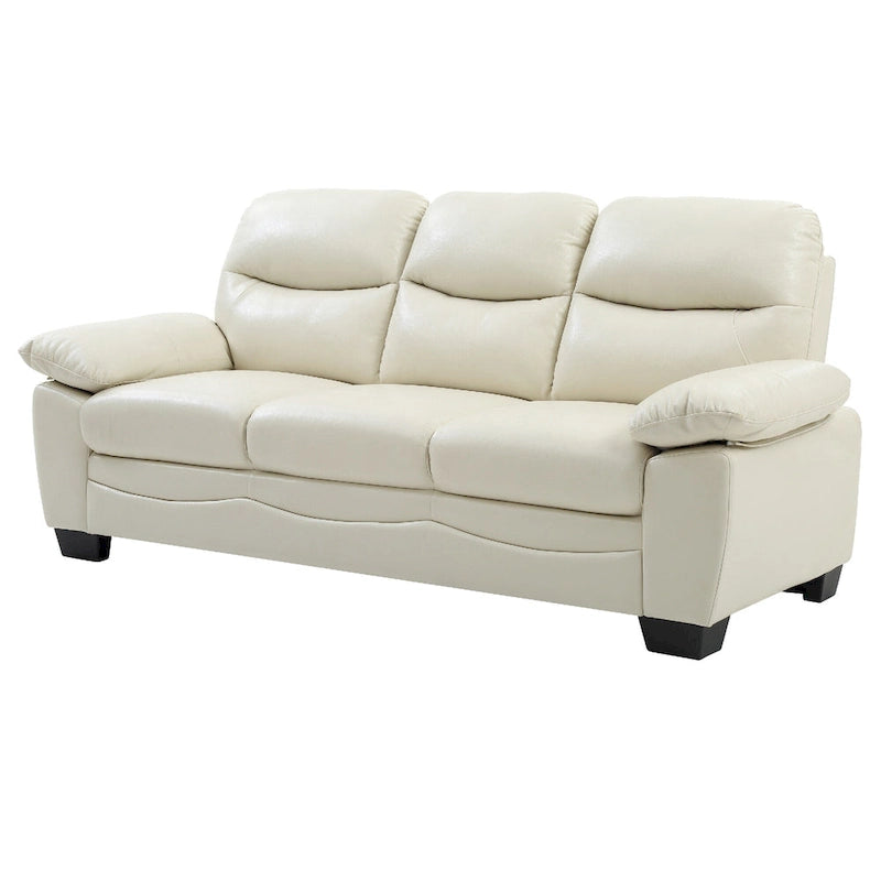 Divano a 3 posti beige in similpelle con braccioli svasati