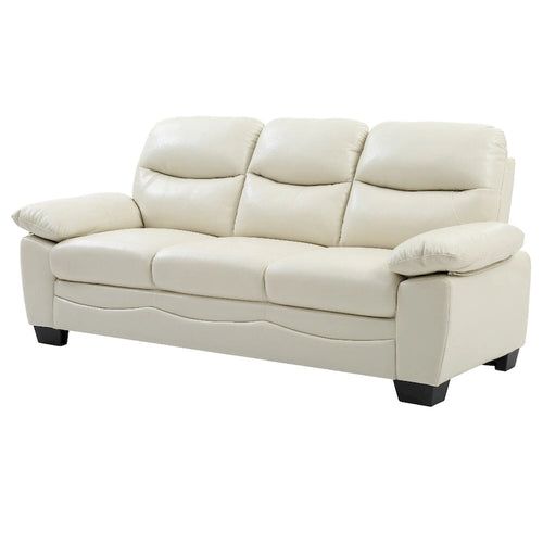 Divano a 3 posti beige in similpelle con braccioli svasati