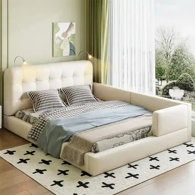 Letto matrimoniale/queen size con piattaforma bianca/nera con testiera trapuntata e 2 luci da lettura (per 2)