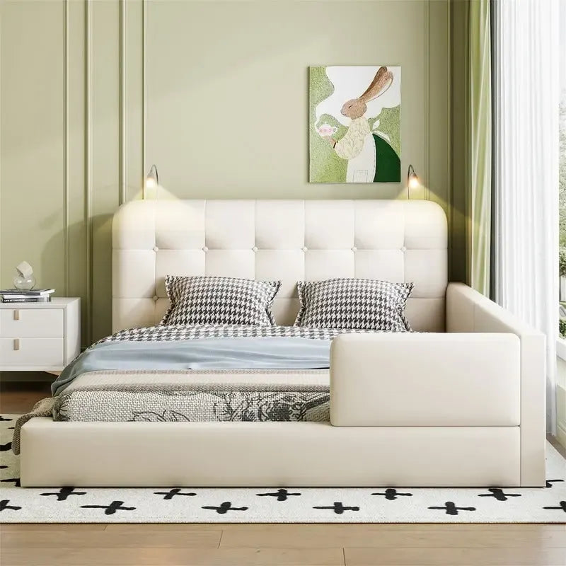 Letto matrimoniale/queen size con piattaforma bianca/nera con testiera trapuntata e 2 luci da lettura (per 2)