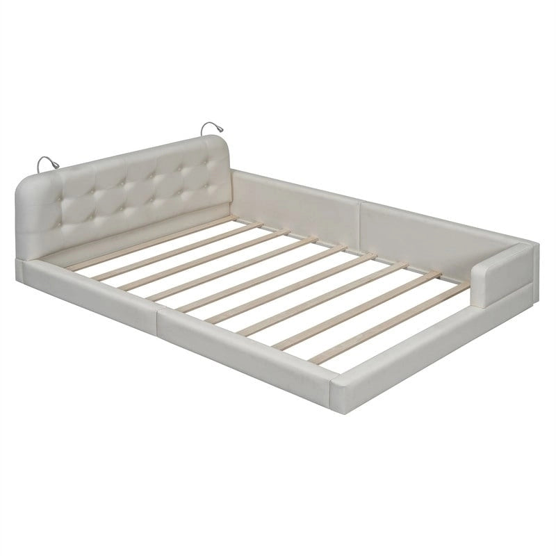 Letto matrimoniale/queen size con piattaforma bianca/nera con testiera trapuntata e 2 luci da lettura (per 2)