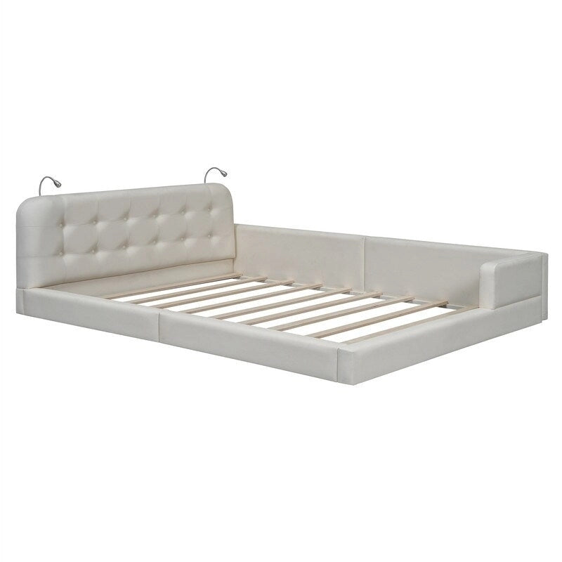 Letto matrimoniale/queen size con piattaforma bianca/nera con testiera trapuntata e 2 luci da lettura (per 2)