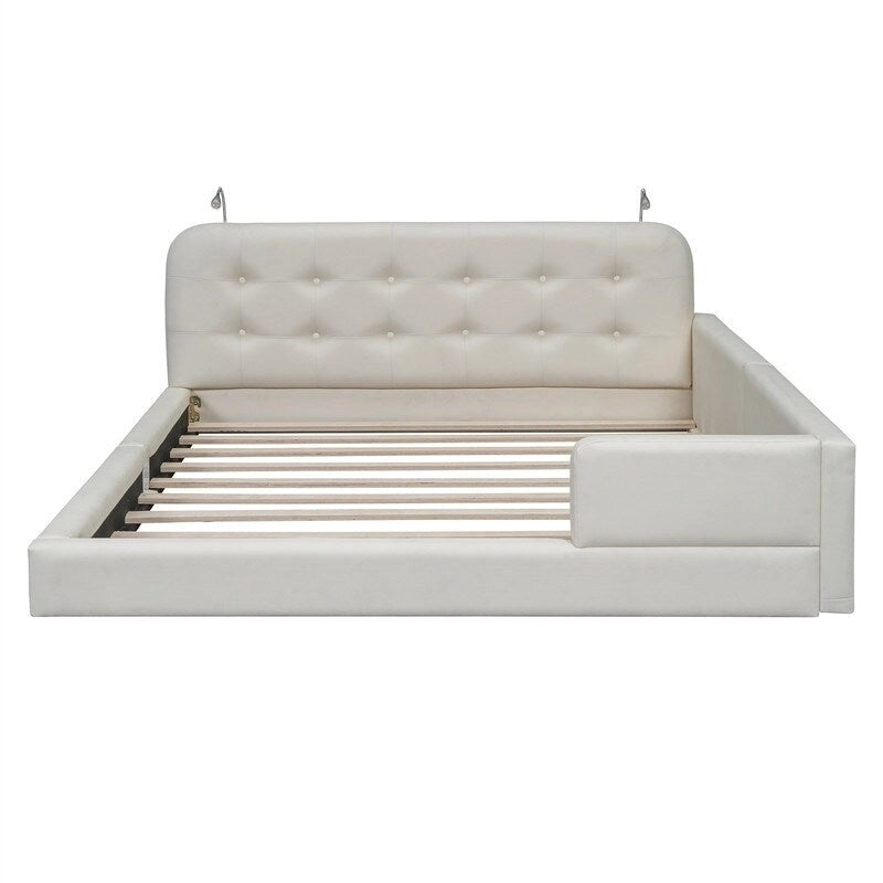 Letto matrimoniale/queen size con piattaforma bianca/nera con testiera trapuntata e 2 luci da lettura (per 2)