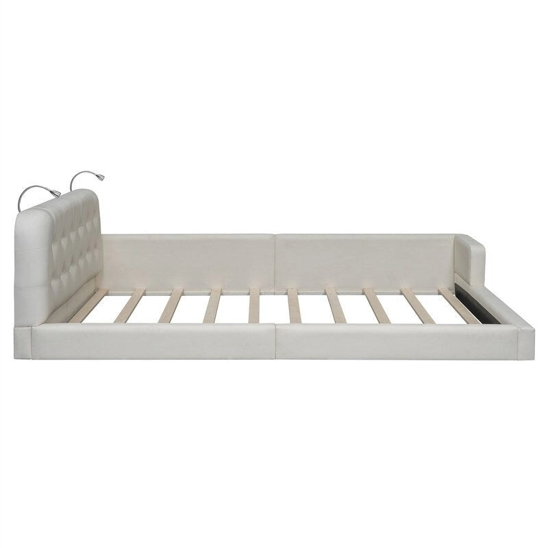 Letto matrimoniale/queen size con piattaforma bianca/nera con testiera trapuntata e 2 luci da lettura (per 2)