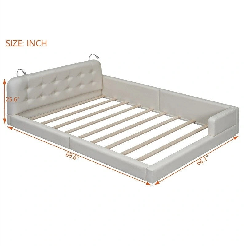 Letto matrimoniale/queen size con piattaforma bianca/nera con testiera trapuntata e 2 luci da lettura (per 2)
