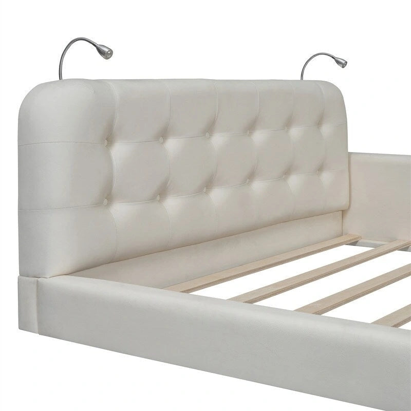Letto matrimoniale/queen size con piattaforma bianca/nera con testiera trapuntata e 2 luci da lettura (per 2)