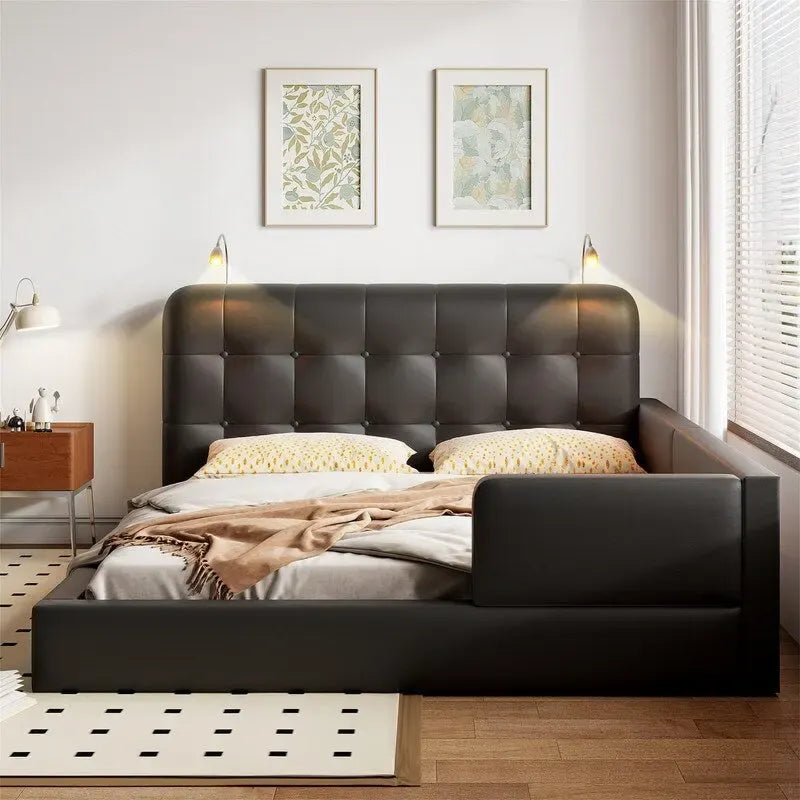 Letto matrimoniale/queen size con piattaforma bianca/nera con testiera trapuntata e 2 luci da lettura (per 2)