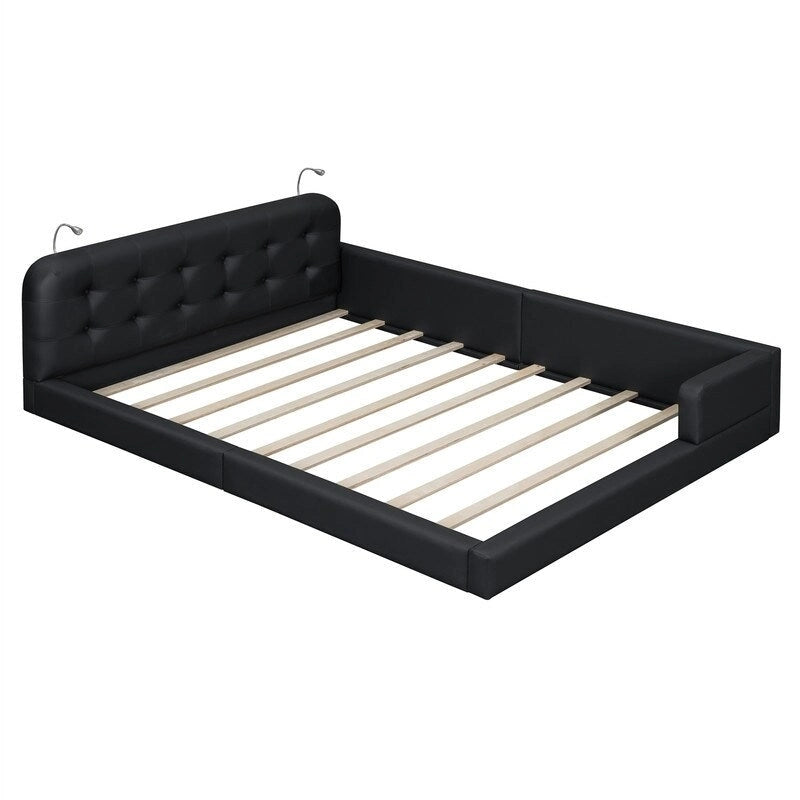 Letto matrimoniale/queen size con piattaforma bianca/nera con testiera trapuntata e 2 luci da lettura (per 2)
