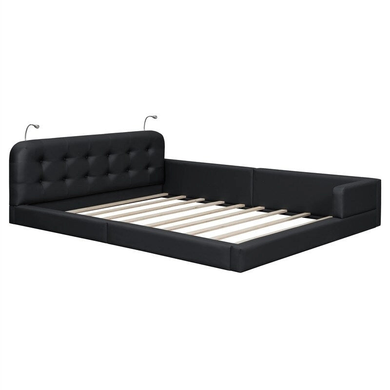 Letto matrimoniale/queen size con piattaforma bianca/nera con testiera trapuntata e 2 luci da lettura (per 2)
