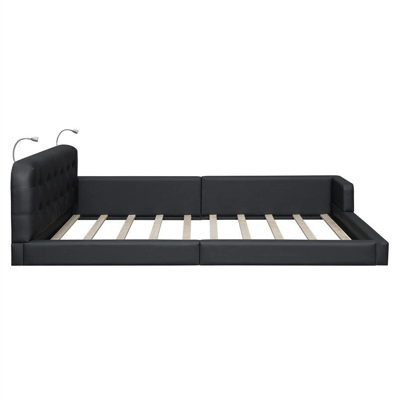 Letto matrimoniale/queen size con piattaforma bianca/nera con testiera trapuntata e 2 luci da lettura (per 2)