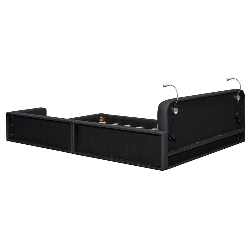 Letto matrimoniale/queen size con piattaforma bianca/nera con testiera trapuntata e 2 luci da lettura (per 2)