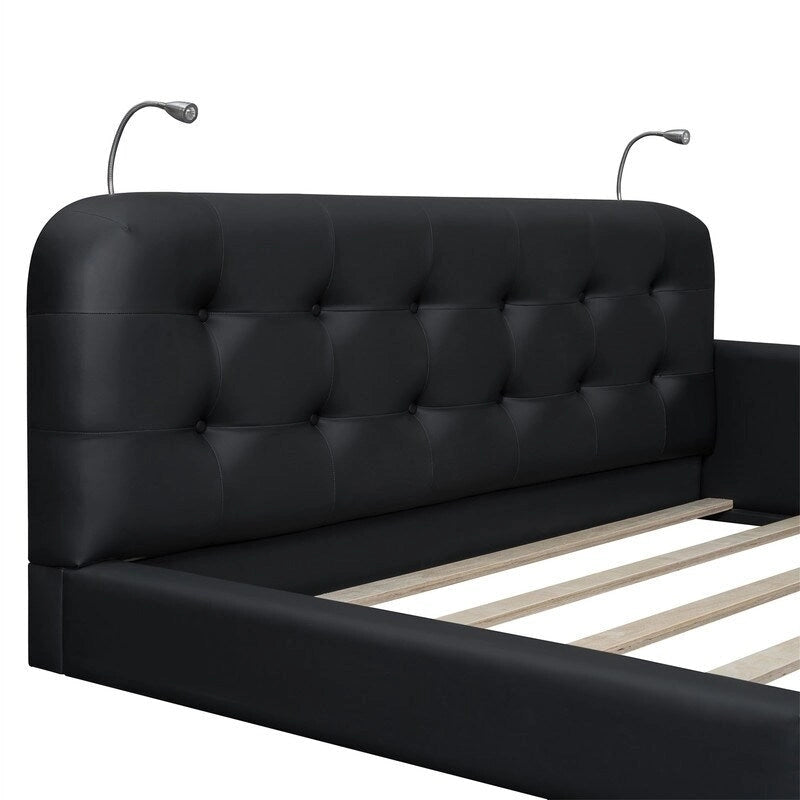 Letto matrimoniale/queen size con piattaforma bianca/nera con testiera trapuntata e 2 luci da lettura (per 2)