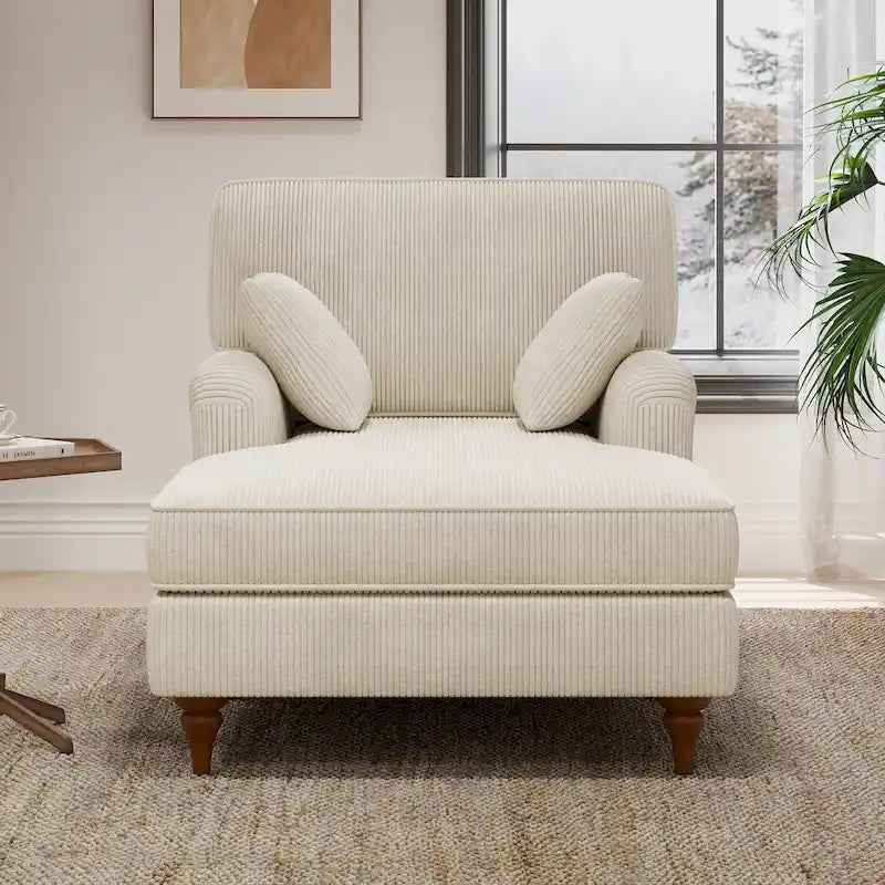 Chaise longue in velluto a coste beige con 2 cuscini, braccioli arrotolati, stile letto, per 2 persone