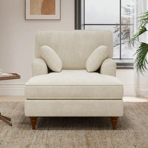 Chaise longue in velluto a coste beige con 2 cuscini, braccioli arrotolati, stile letto, per 2 persone