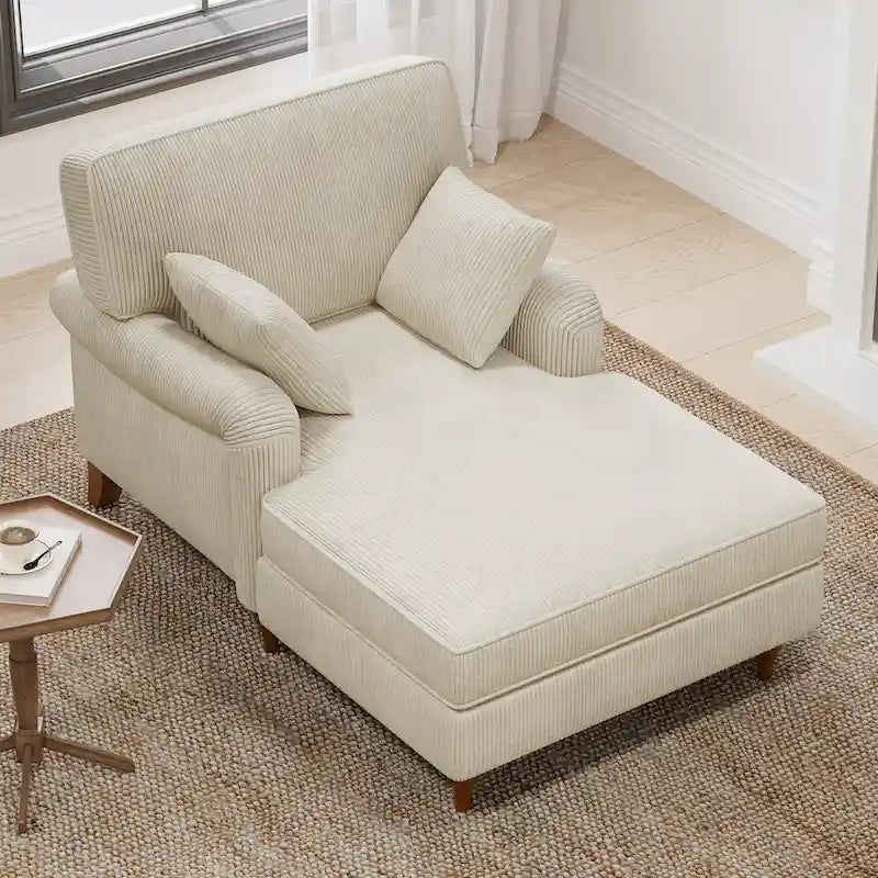 Chaise longue in velluto a coste beige con 2 cuscini, braccioli arrotolati, stile letto, per 2 persone