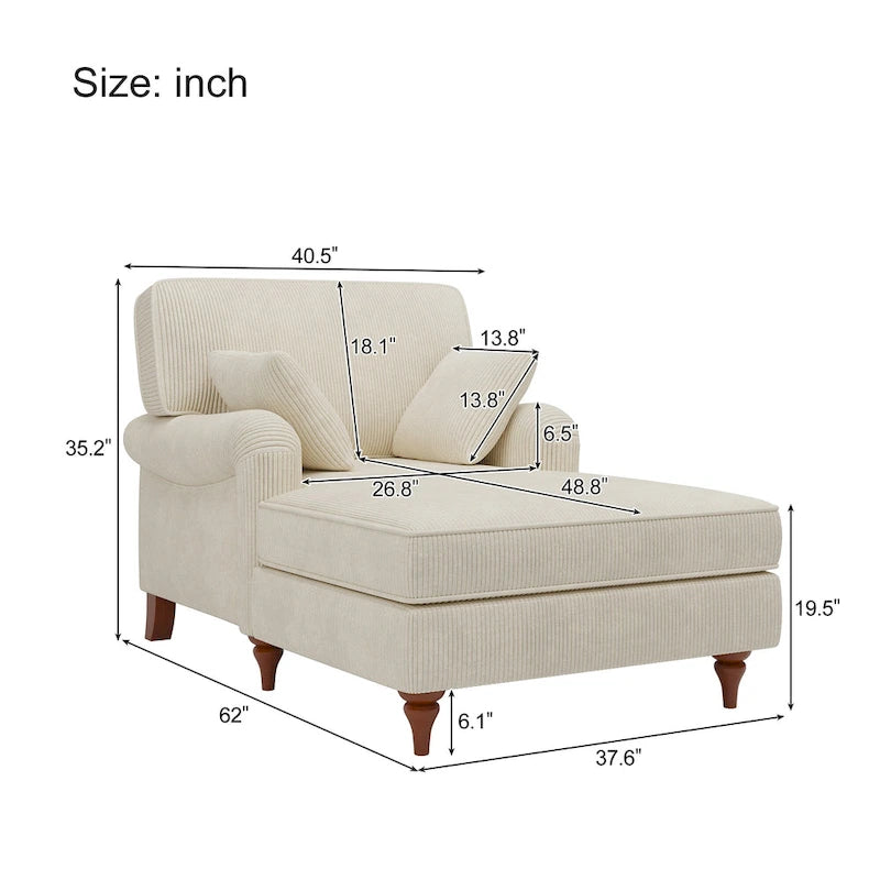 Chaise longue in velluto a coste beige con 2 cuscini, braccioli arrotolati, stile letto, per 2 persone