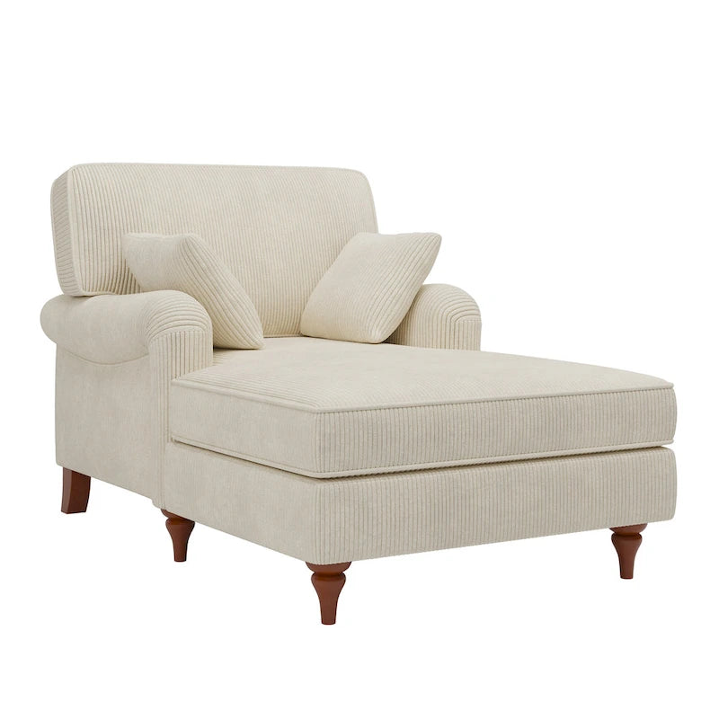 Chaise longue in velluto a coste beige con 2 cuscini, braccioli arrotolati, stile letto, per 2 persone
