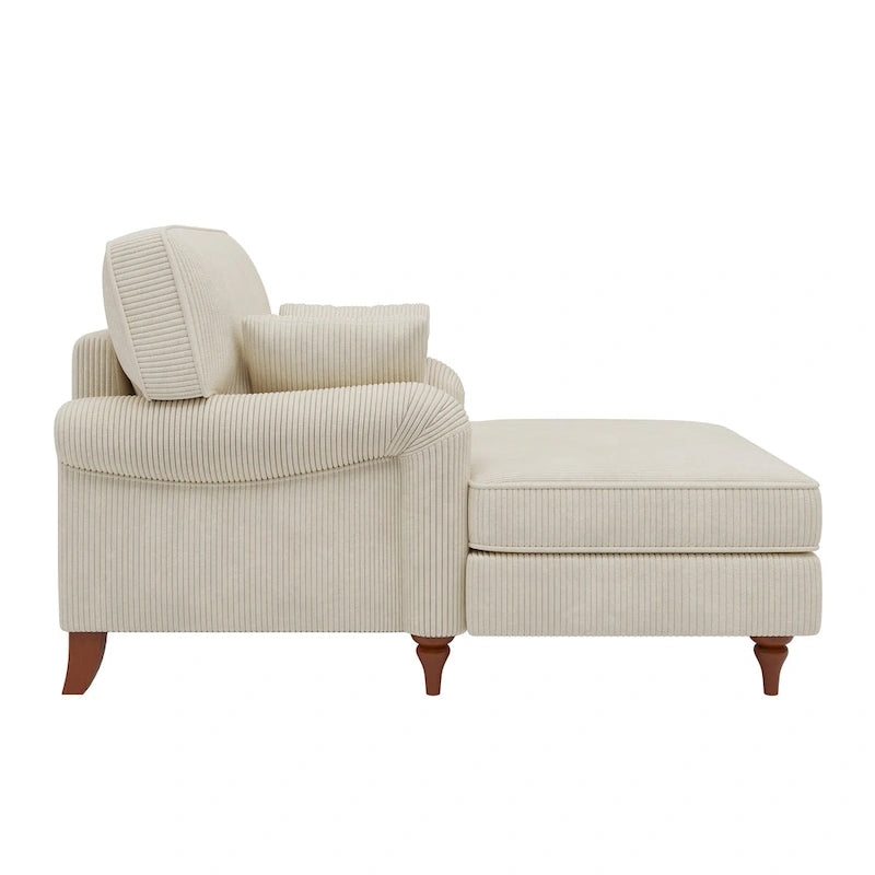 Chaise longue in velluto a coste beige con 2 cuscini, braccioli arrotolati, stile letto, per 2 persone