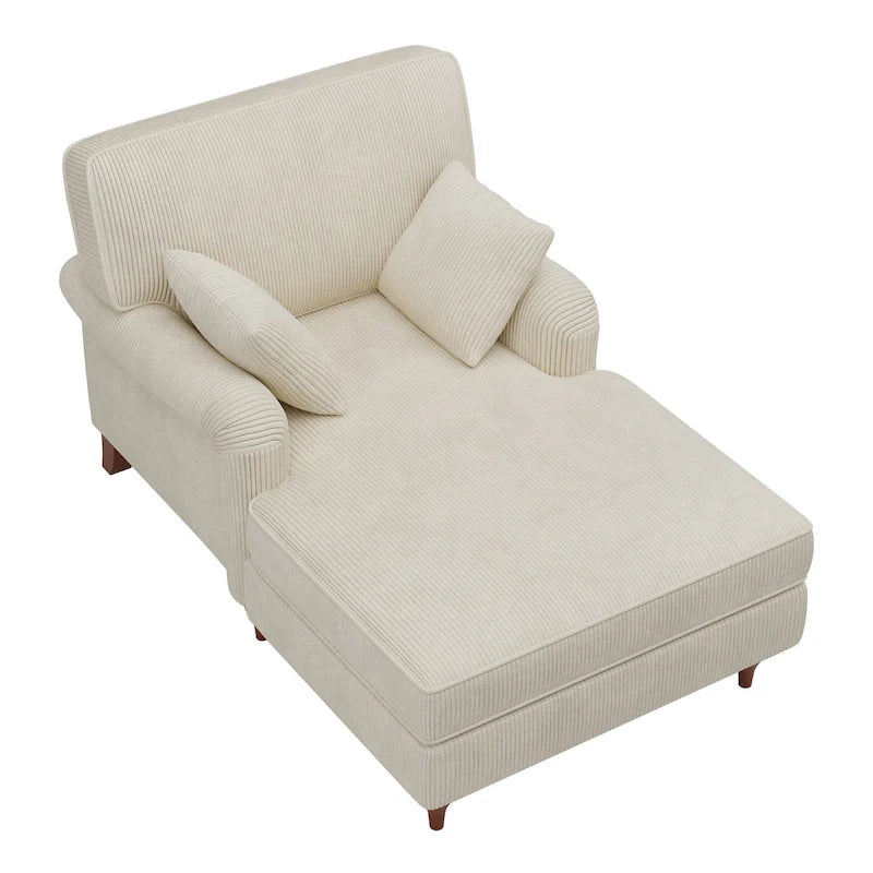 Chaise longue in velluto a coste beige con 2 cuscini, braccioli arrotolati, stile letto, per 2 persone