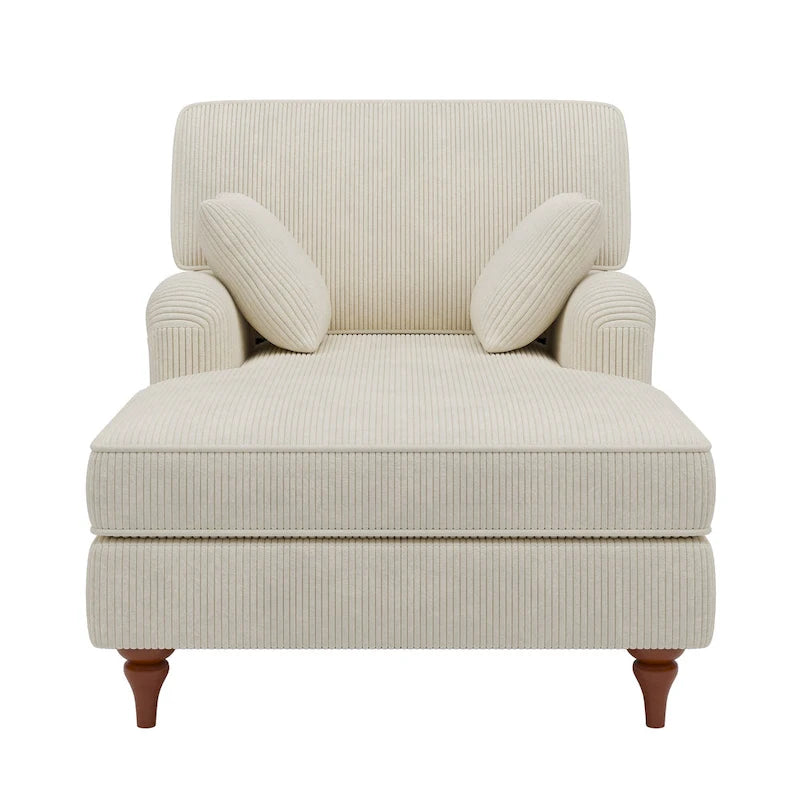 Chaise longue in velluto a coste beige con 2 cuscini, braccioli arrotolati, stile letto, per 2 persone
