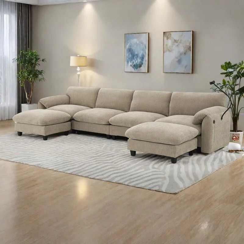 Divano componibile angolare a U in ciniglia color cachi chiaro e beige / grigio-azzurro, modulare a 6 posti
