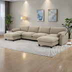 Divano componibile angolare a U in ciniglia color cachi chiaro e beige / grigio-azzurro, modulare a 6 posti