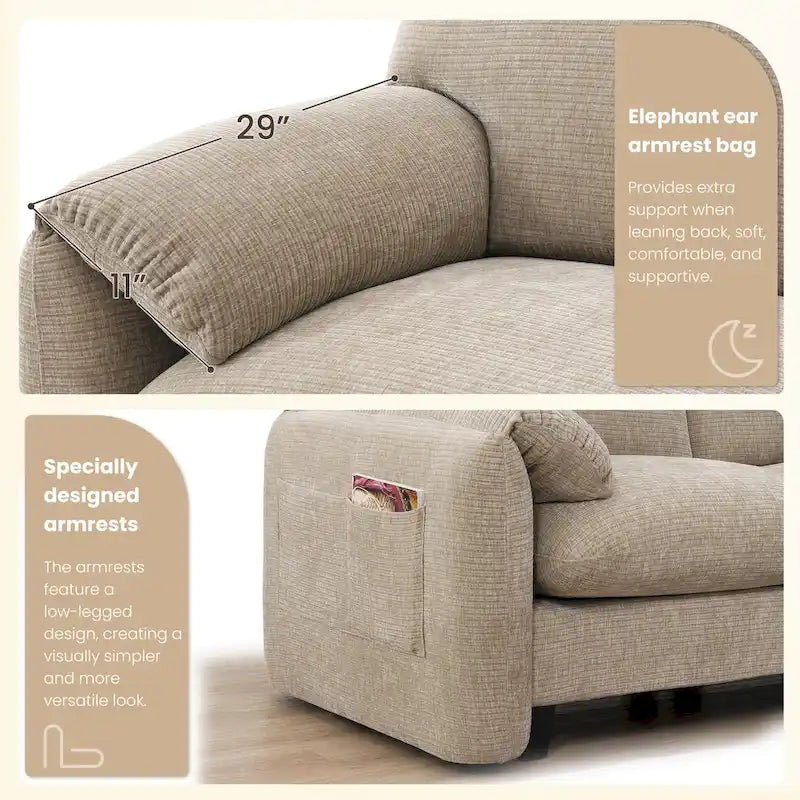 Divano componibile angolare a U in ciniglia color cachi chiaro e beige / grigio-azzurro, modulare a 6 posti