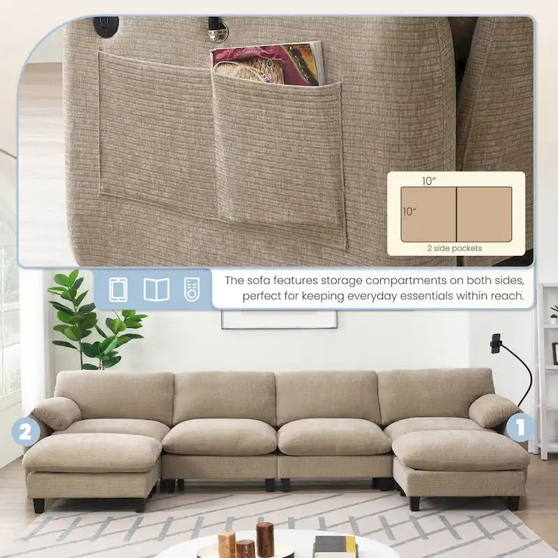 Divano componibile angolare a U in ciniglia color cachi chiaro e beige / grigio-azzurro, modulare a 6 posti