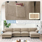 Divano componibile angolare a U in ciniglia color cachi chiaro e beige / grigio-azzurro, modulare a 6 posti