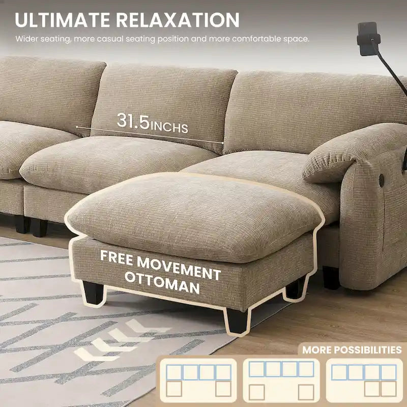 Divano componibile angolare a U in ciniglia color cachi chiaro e beige / grigio-azzurro, modulare a 6 posti